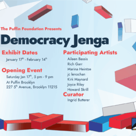 illustrated red, white, and blue jenga tower.