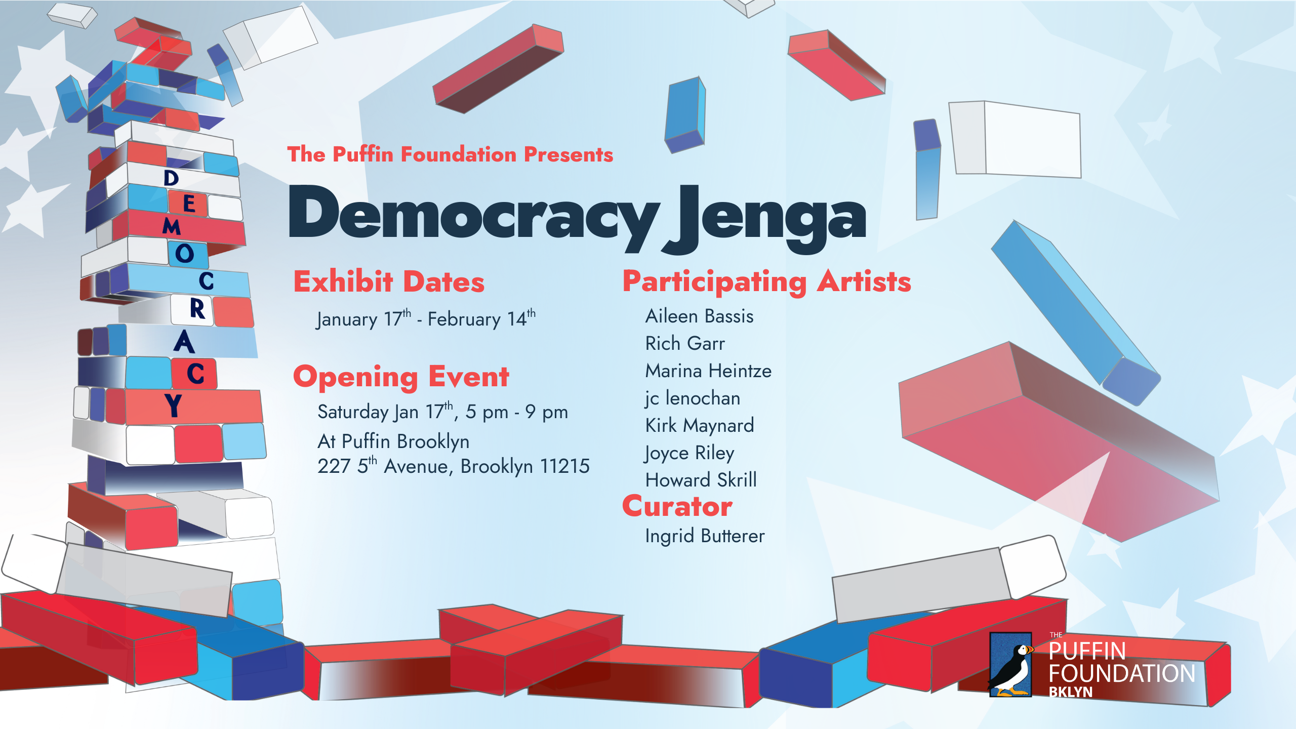 illustrated red, white, and blue jenga tower.